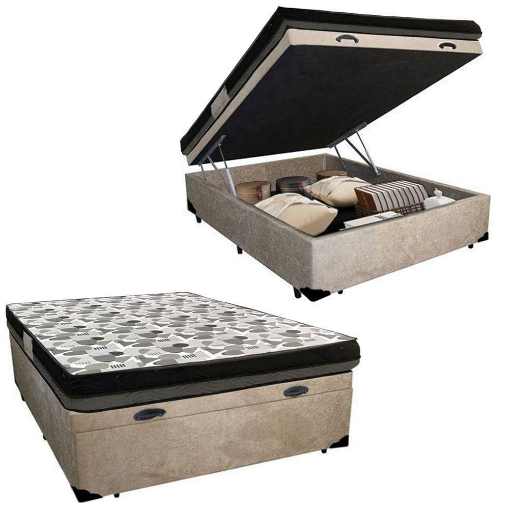 Cama Baú Casal Suede + Colchão Casal Ortobom Iso Dupla Face 60x138x188 Cor:bege