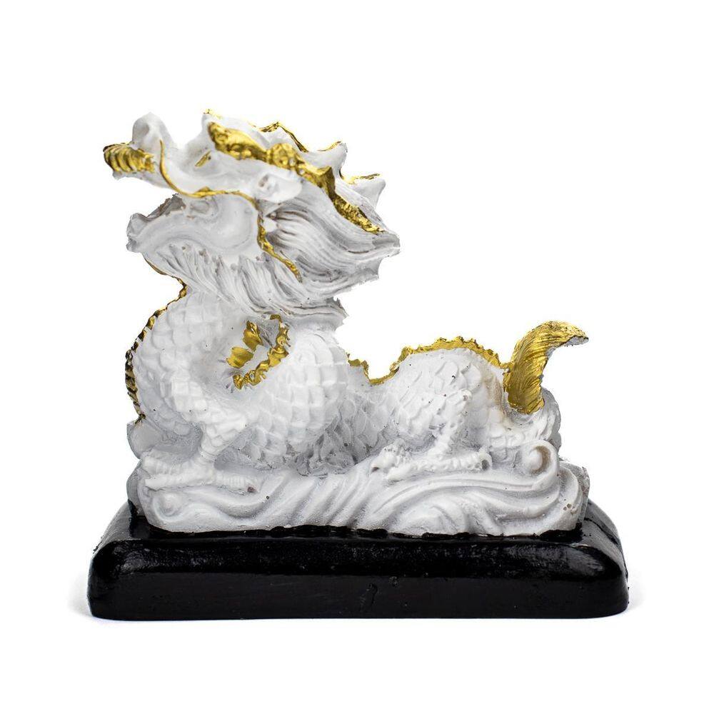 Escultura Dragão Chinês Proteção Branco Resina 7 Cm