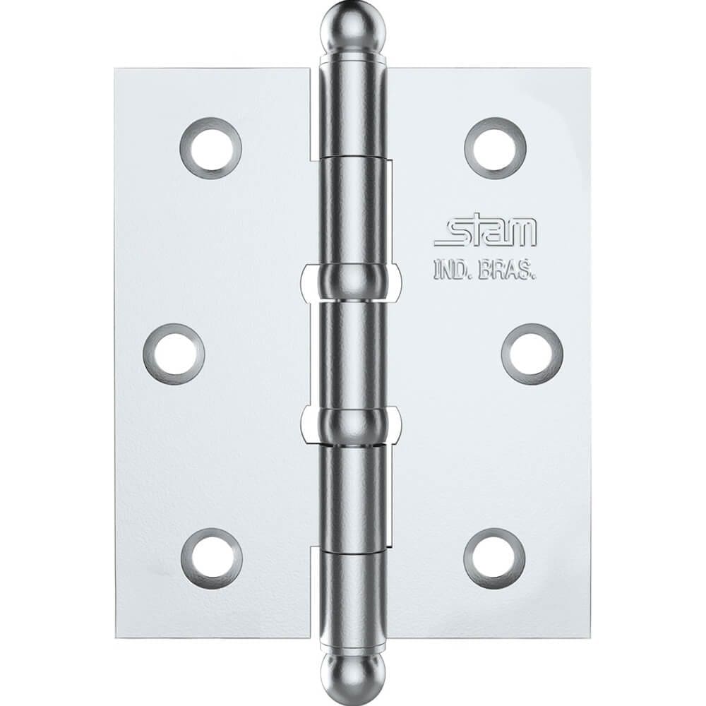 Dobradiça Pino e Bola 3” x 2.1/2” x 1,7mm Cromado com 2 Anéis e Canto Reto - 42048 - STAM