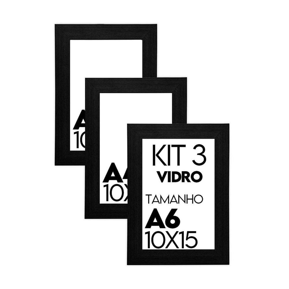 Porta Retrato Molduras para Fotos 10x15cm Kit de 3 Unidades com Vidro