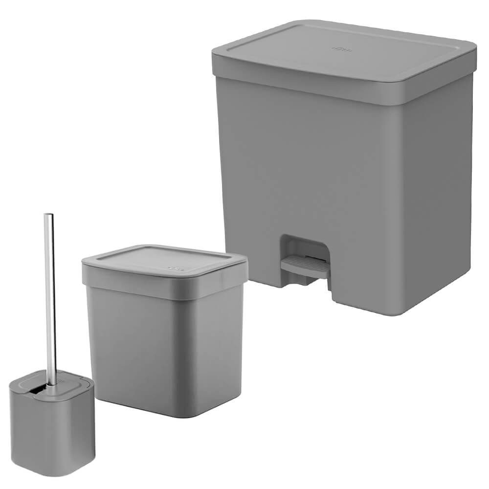Lixeira para Banheiro e Cozinha e Escova Sanitária Chumbo 20L e 2,5L 3 Peças - Ou