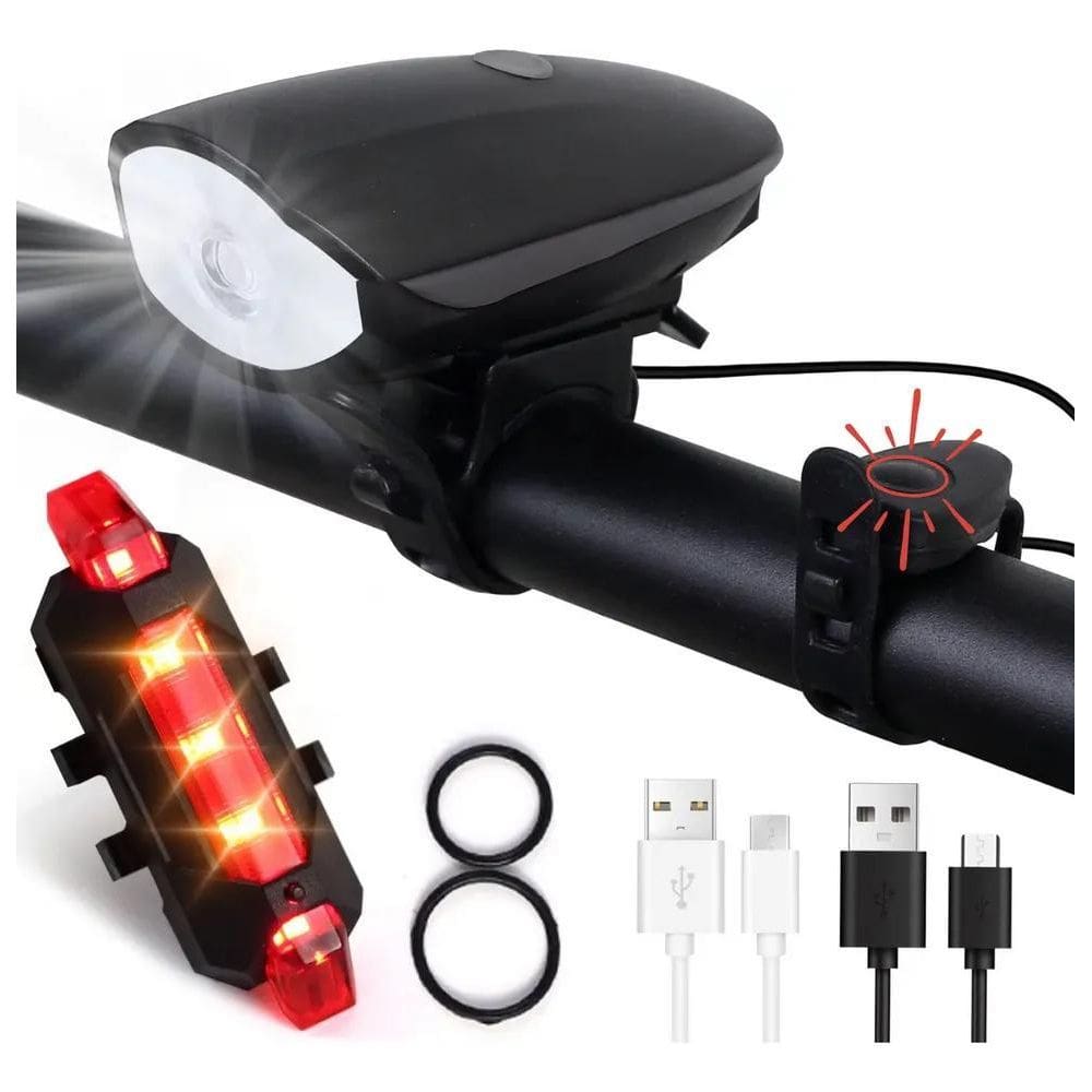 2X Kit Farol Buzina E Lanterna Bike Led Recarregável Bicicle
