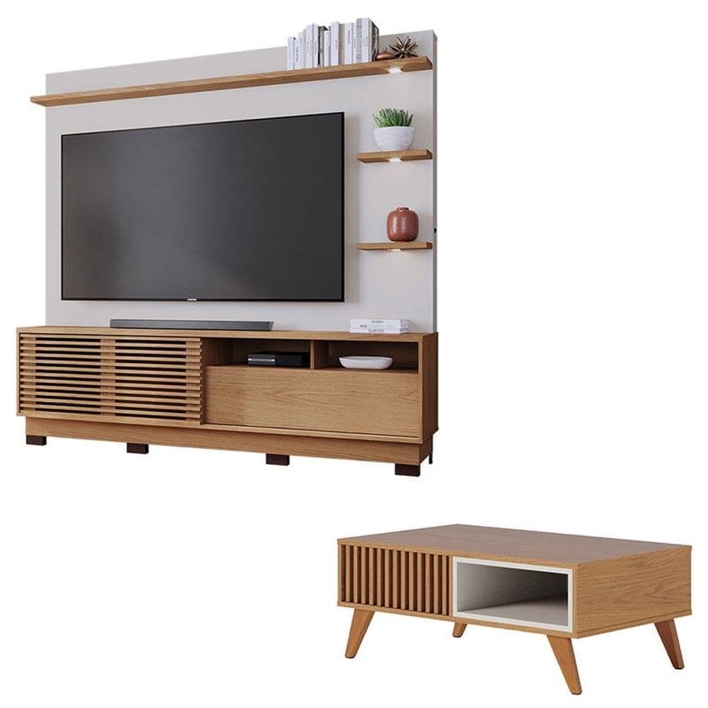 Estante Home Theater Campeche Com Pés Freijó Off White Matte e Mesa de Centro Jeri Freijó Off White - Colibri