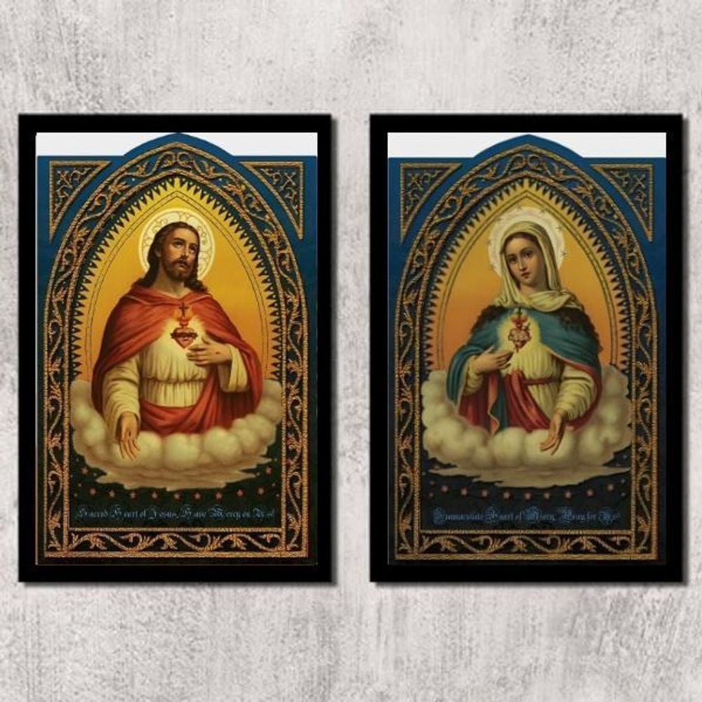Kit 2 Quadros Sacros Coração De Jesus E Maria 33x24cm Preta