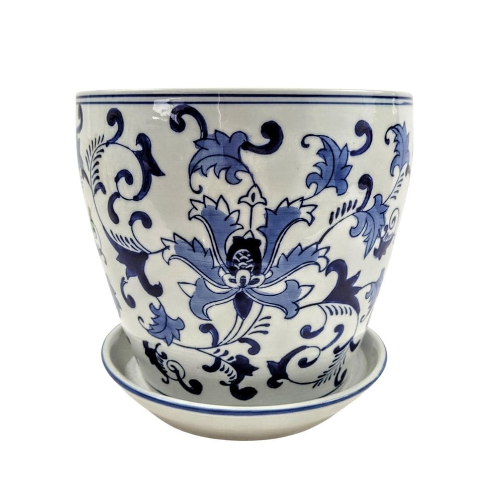 Vaso Cachepot Porcelana Azul E Branco Floral Decoração G