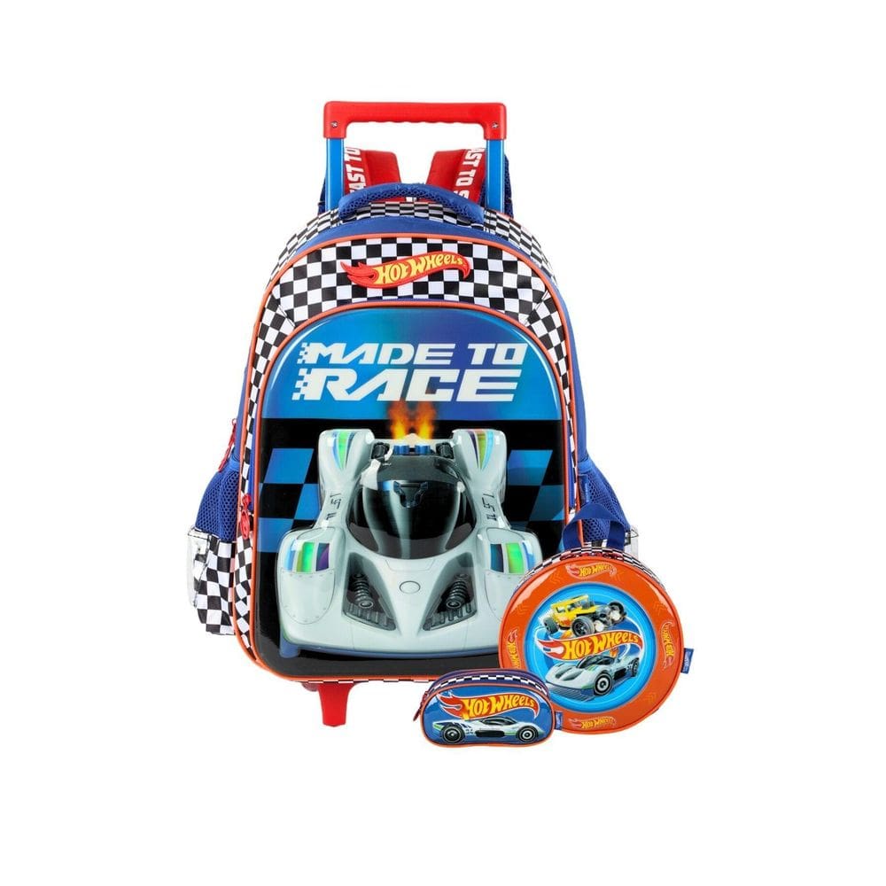 Kit Mochila Rodas+Lancheira+Estojo Hotwheels - Azul