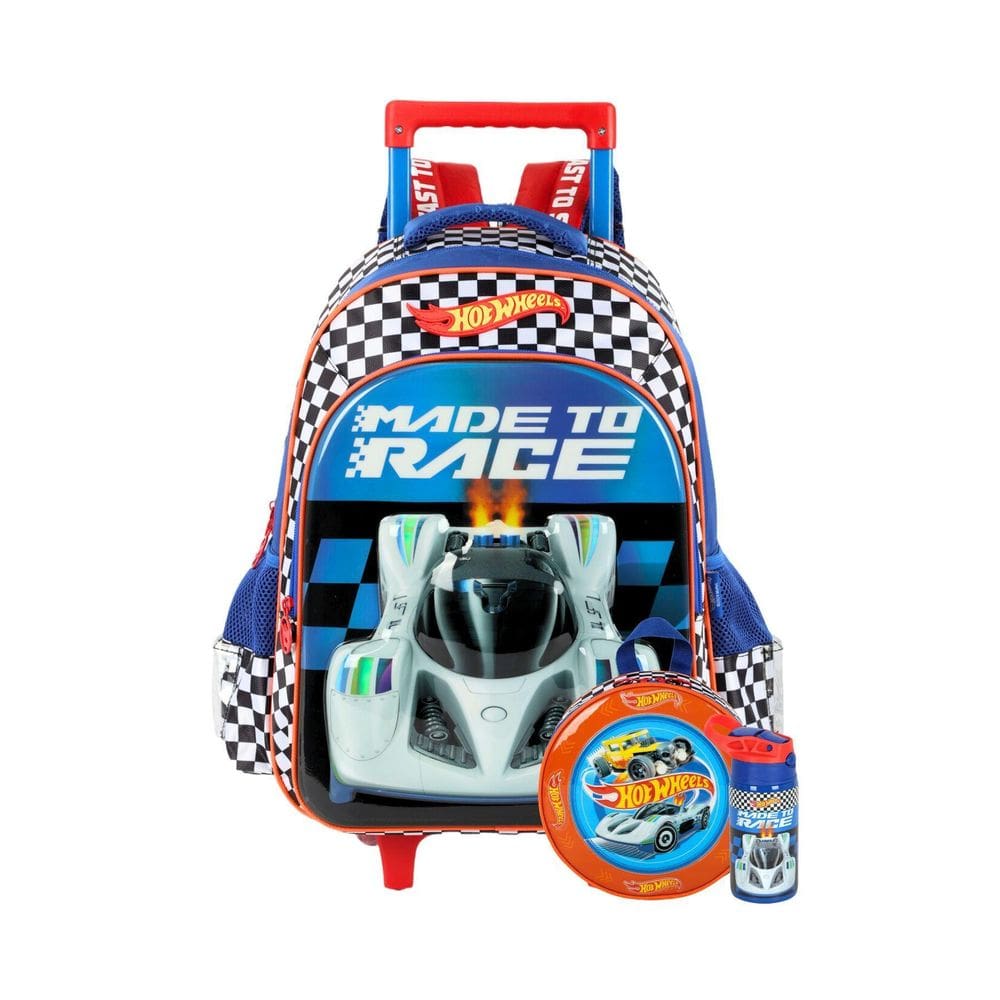 Kit Mochila Rodinha+Lancheira+Garrafa Hotwheels - Azul