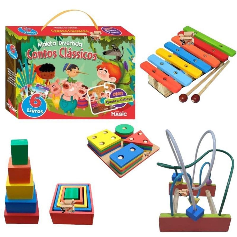 Kit 5 Brinquedos Pedagógicos Em Madeira + 6 Livros Infantil