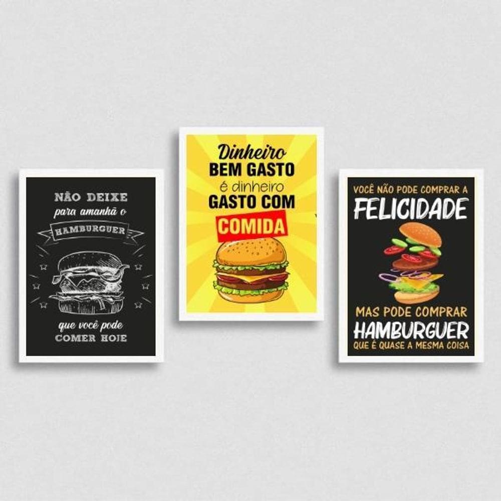 Kit 3 Quadros Hambúrguer Frases 24X18Cm Madeira Branca
