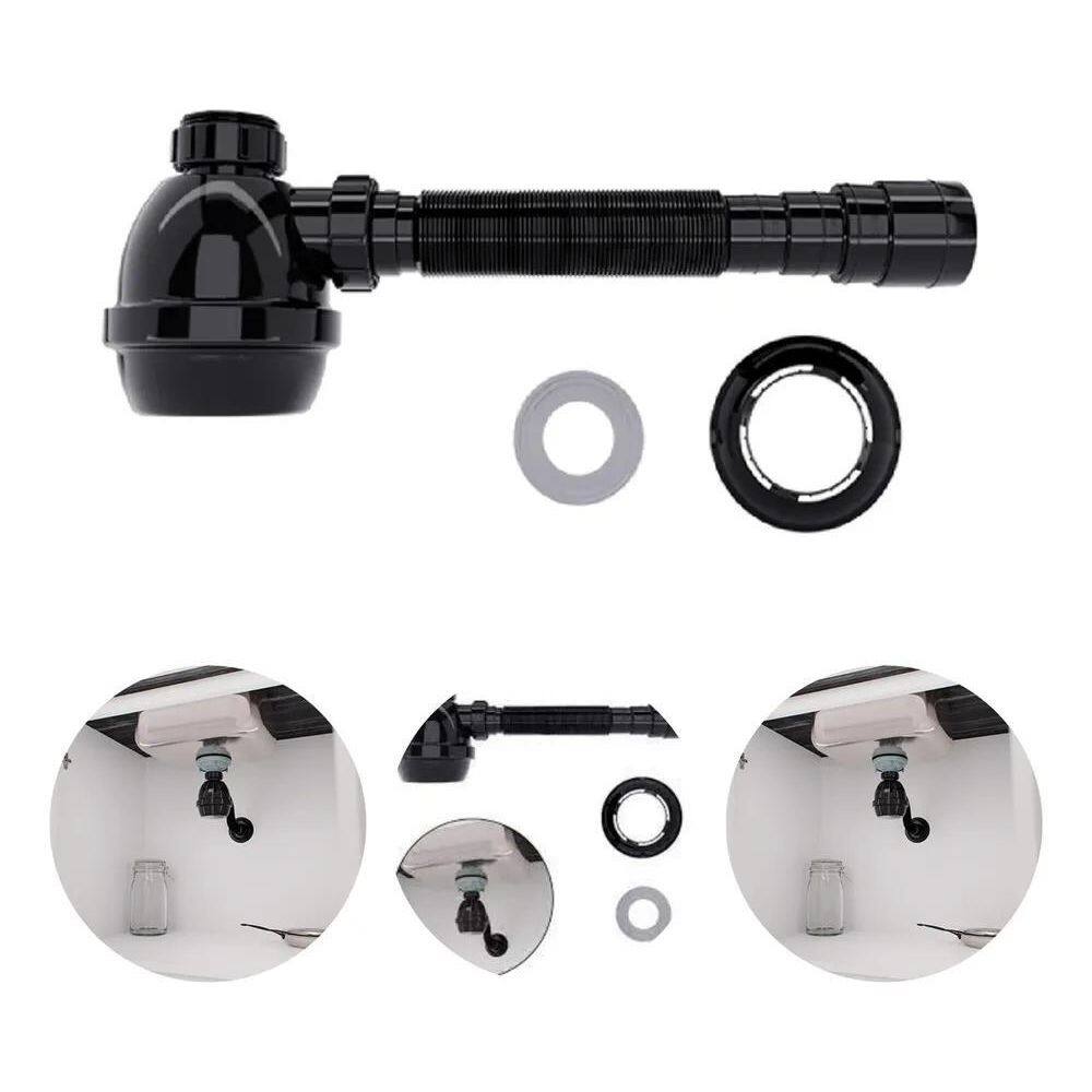 2X Sifão Copo Preto Universal Flexível Para Pias, Tanques E