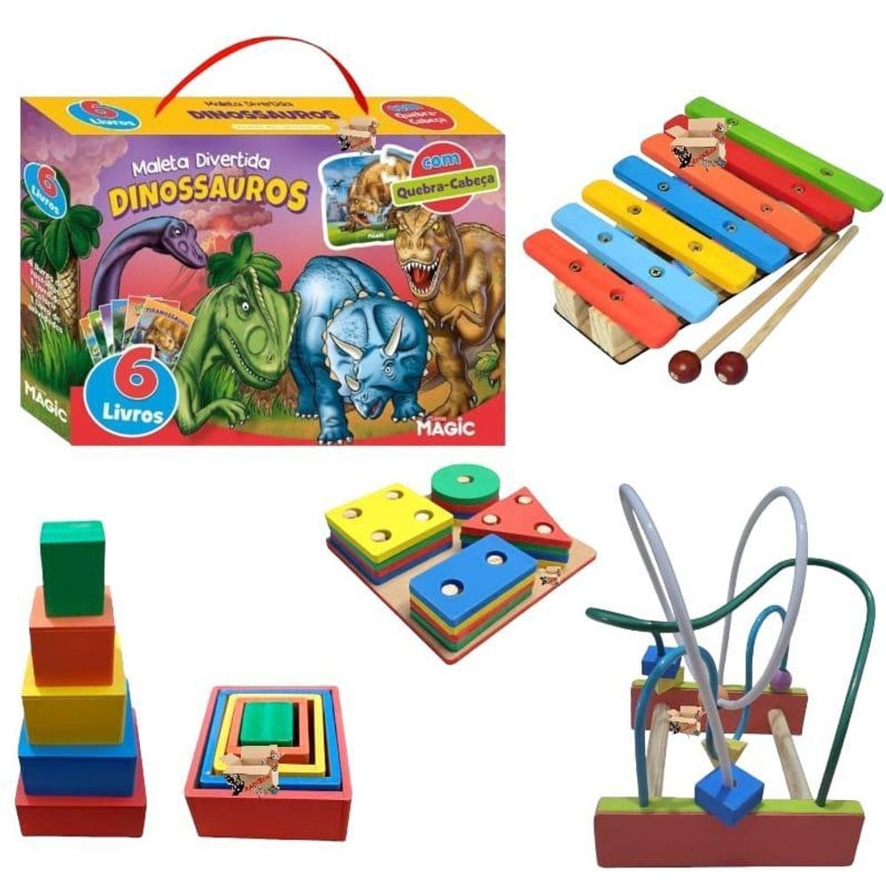 Kit 5 Brinquedos Pedagógicos Em Madeira + 6 Livros Infantil