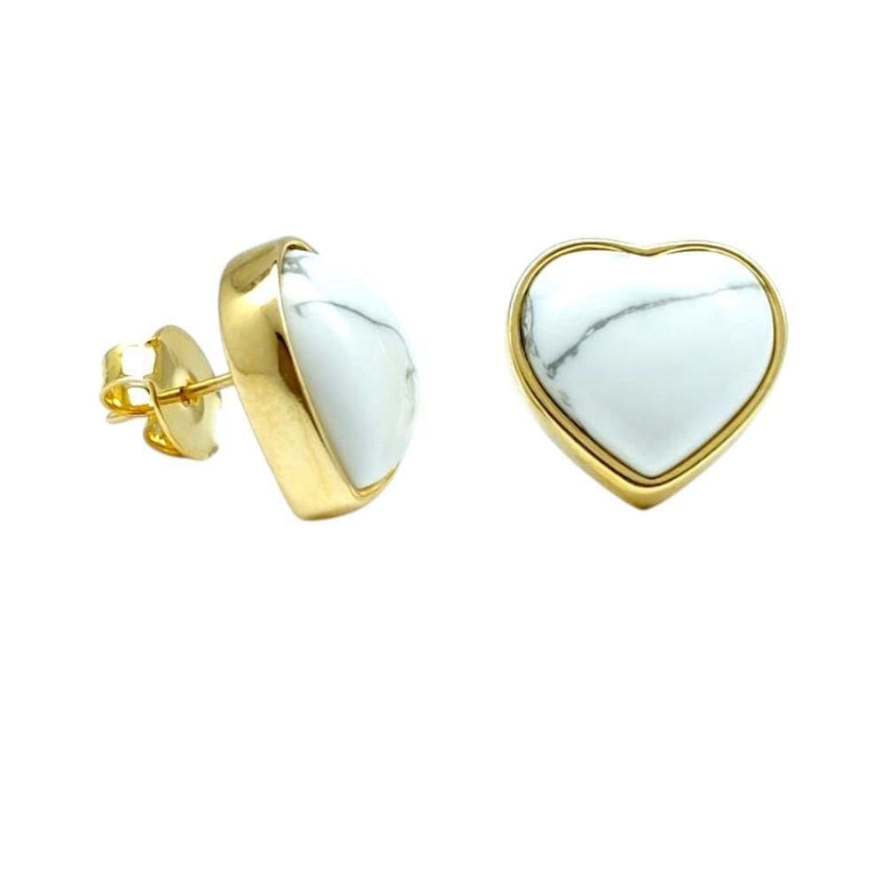 Brinco Coração Howlita Branca Dourado Semijoia Lizzy Fatin