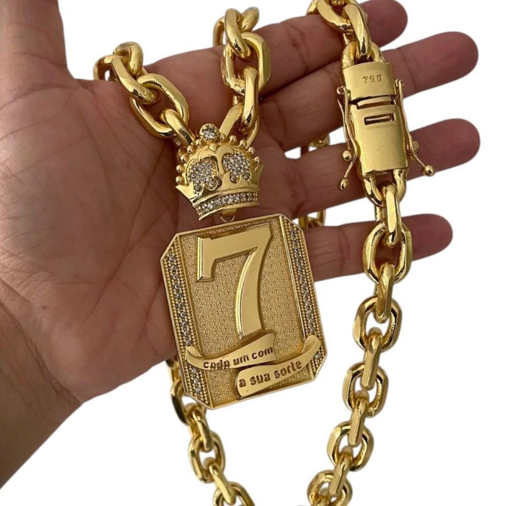 Cordão 18Mm Cadeado + Pingente 7- Banhado A Ouro
