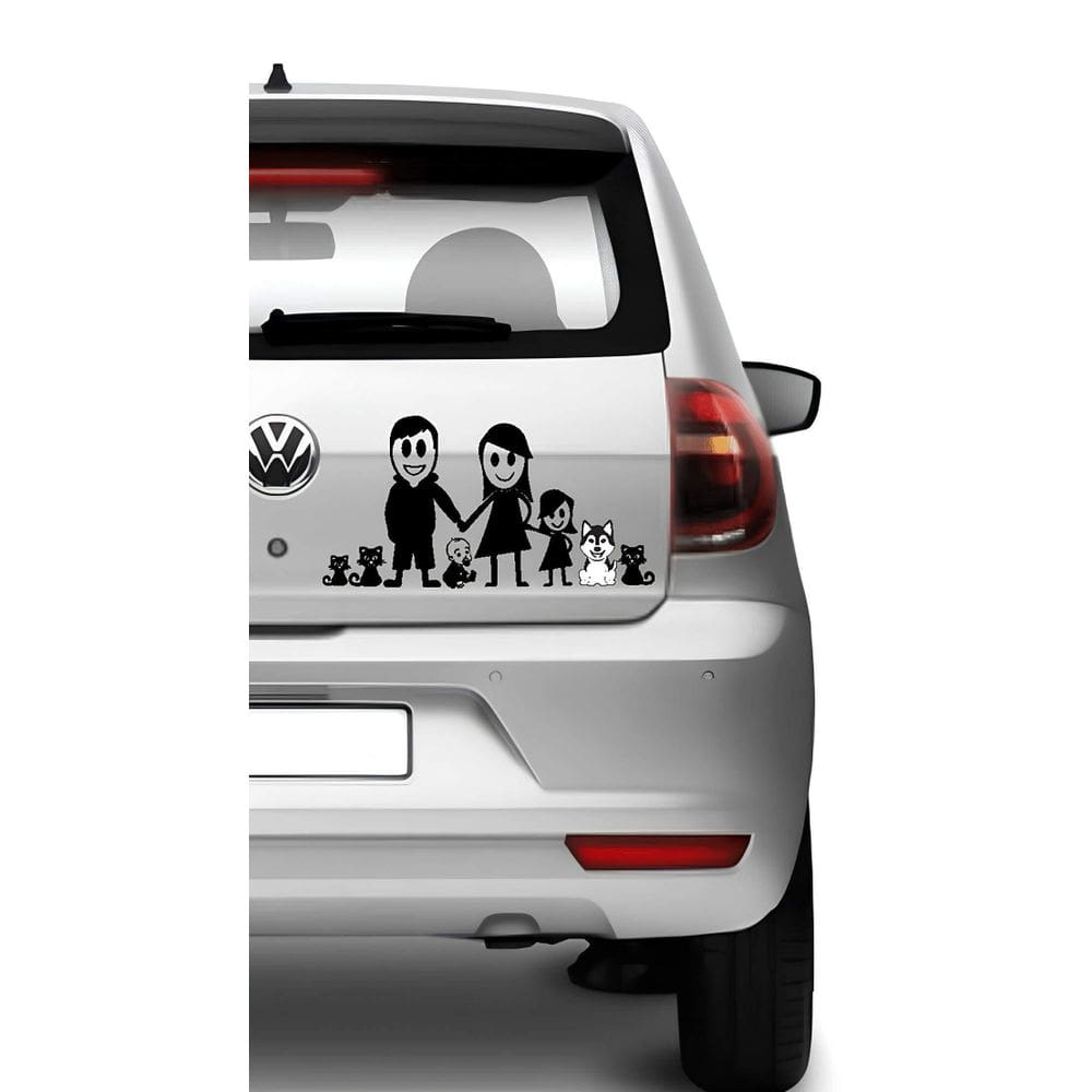 Adesivo Carro Familia Feliz - Casal+Bebe+Filha+Cachorro+Gato