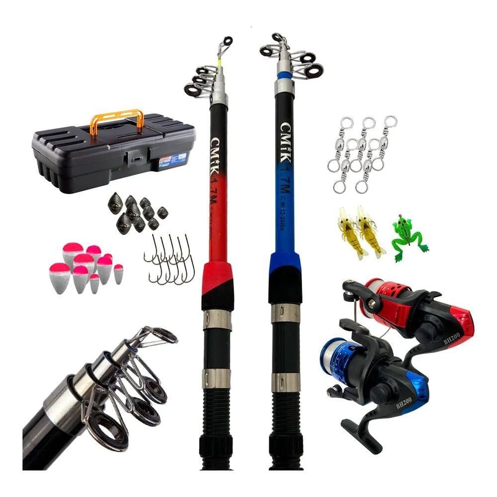 2X Kit De Pesca Barato 2 Varas 1,8M + 2 Molinetes E Acessóri