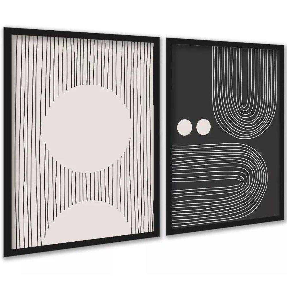 Kit 2 Quadros Abstratos Linhas Preto E Bege - Formas 33X24Cm