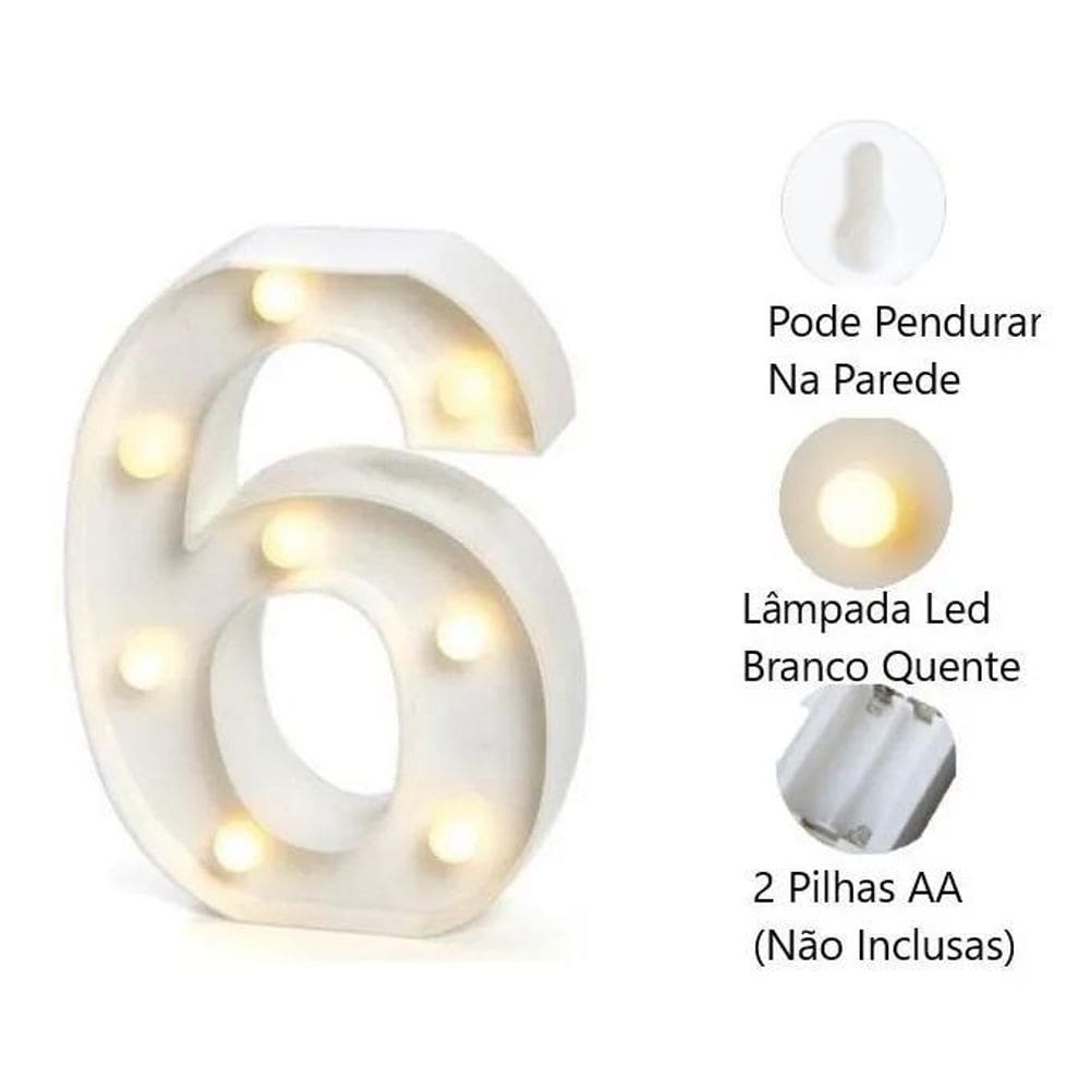 2X Luminária Decorativa Led 3D Número 6 Branca 21Cm Decor Fe