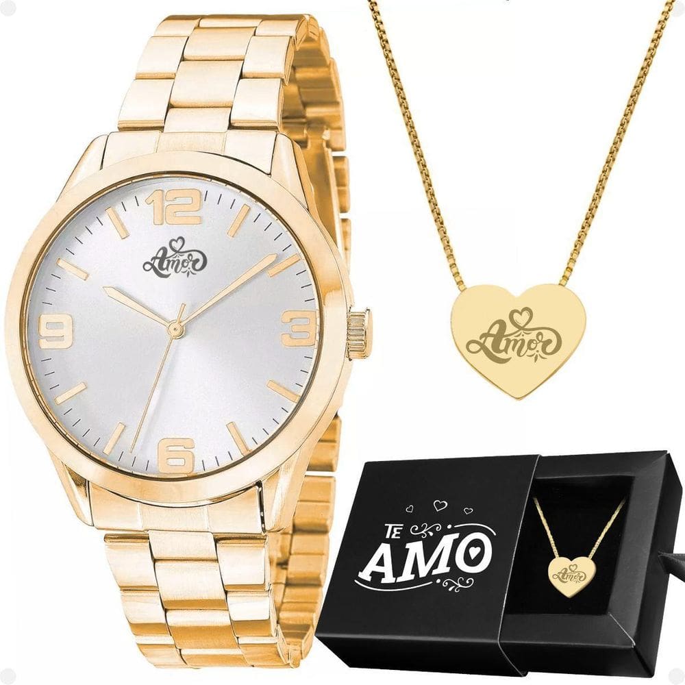 Relogio Feminino Aço Dourado Inoxidavel Colar Coração Amor