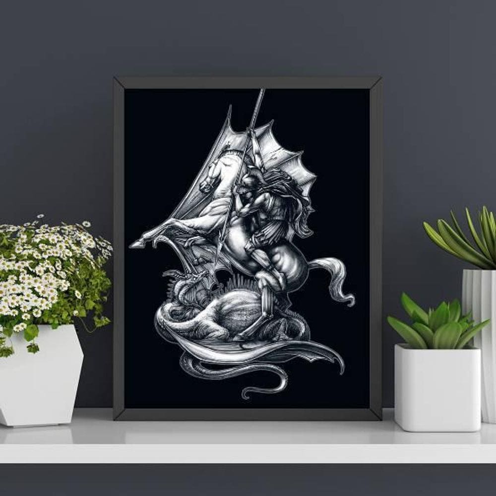 Quadro Decorativo Desenho São Jorge Preto E Branco 24X18Cm