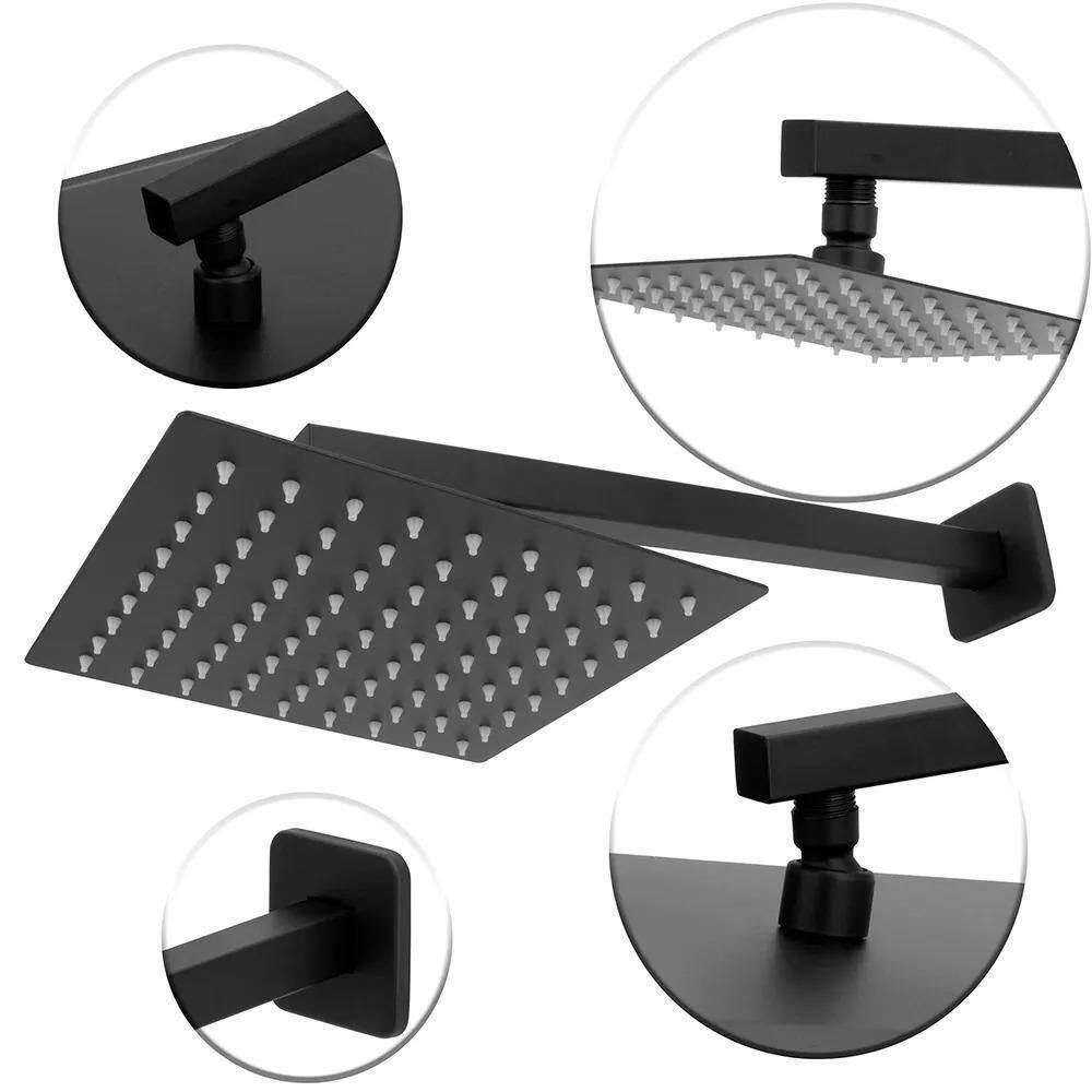 Ducha Quadrada 20 X 20 Preto Fosco Suporte De Luxo Braço 40