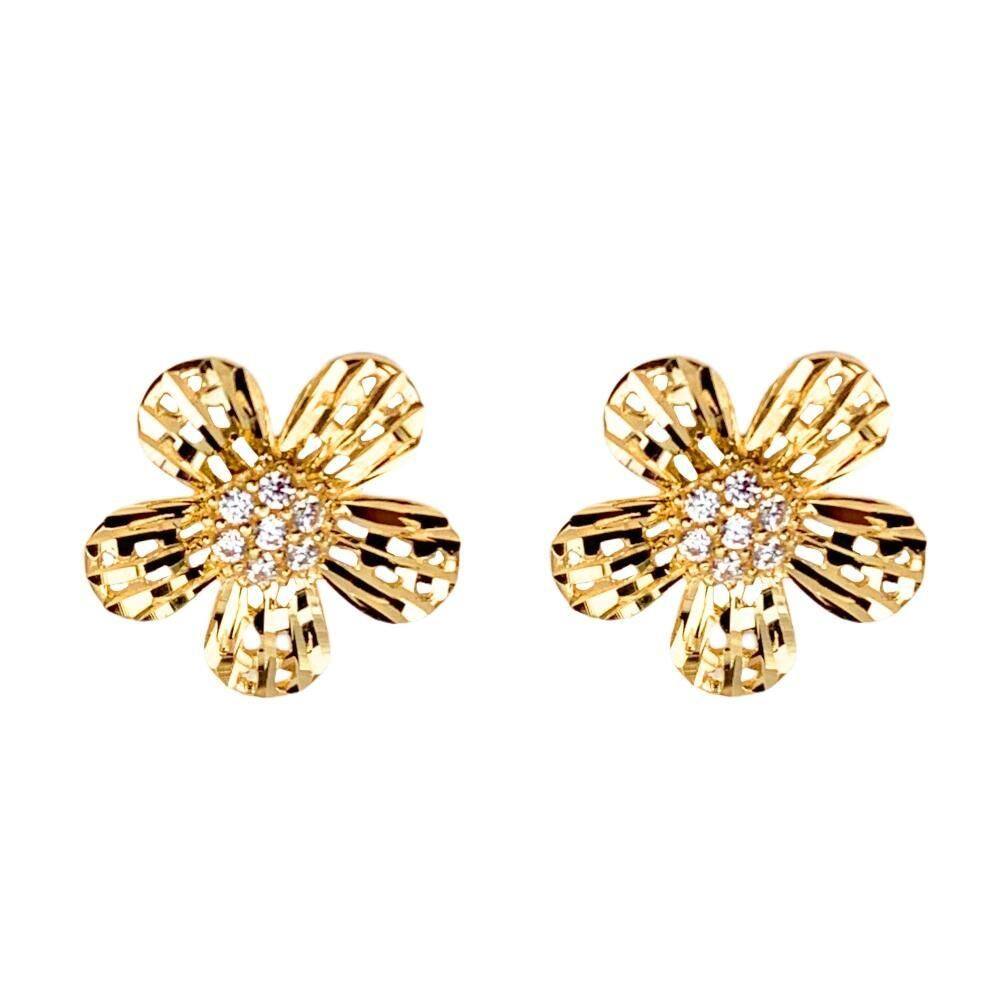 Brinco Flor 1Cm Com Zircônia Trabalhado Em Ouro18K