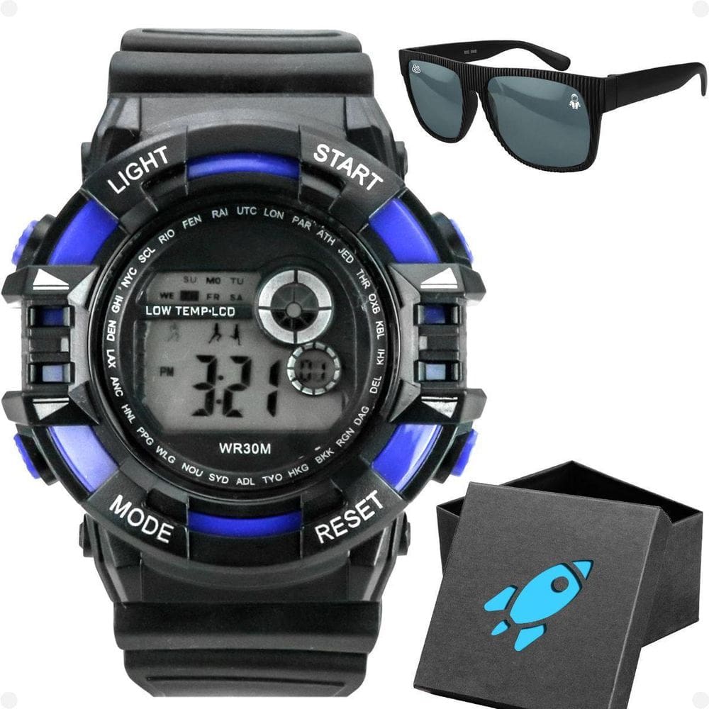 Relogio Digital Infantil Menino Preto + Oculos Sol + Caixa