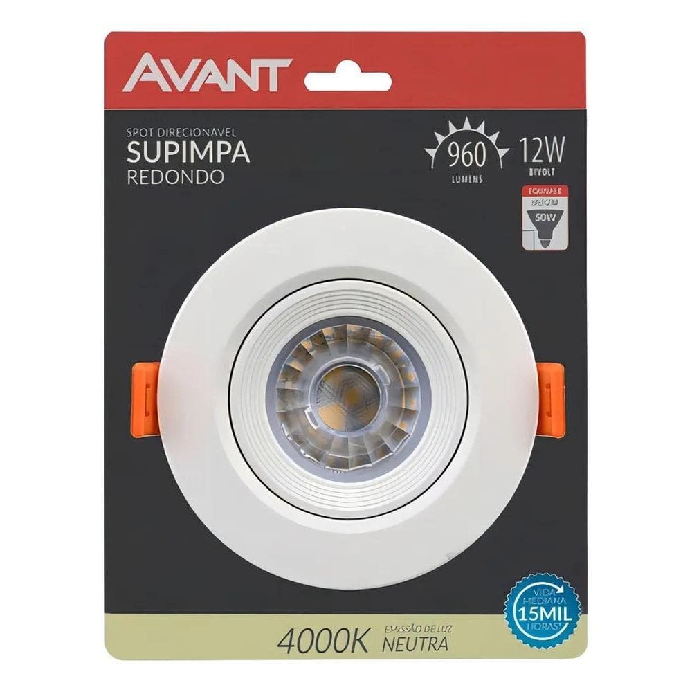 2X Spot Led Redondo 12W Direcionável Bivolt 4000K Avant Cor