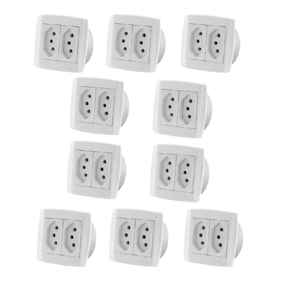 Kit Com 10 Pç Tomada Dupla 10A Para Móveis Ilumi Slim Branca