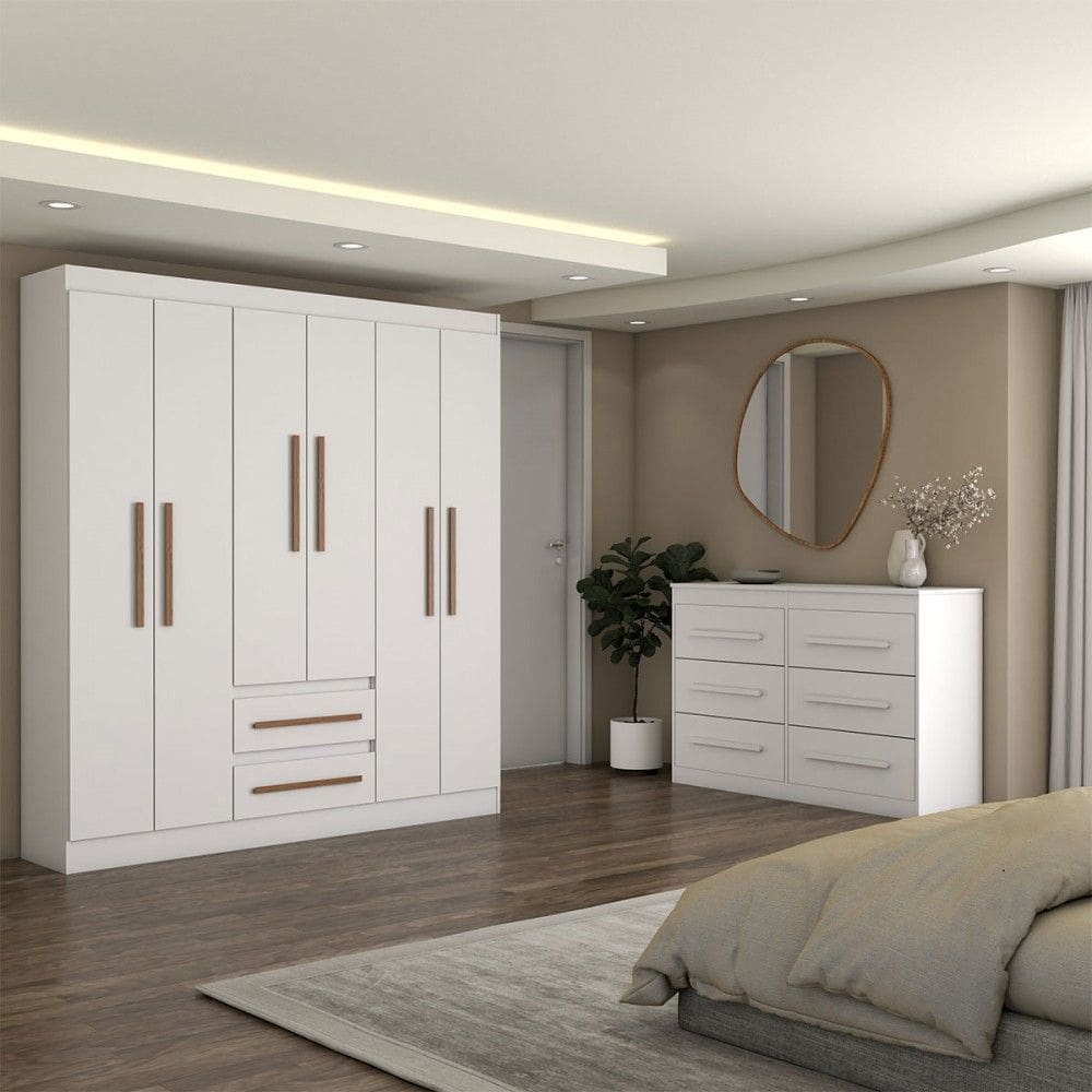 Guarda-Roupa Solteiro Europa 6 Portas 2 Gavetas e Cômoda 6 Gavetas 100% Mdf Branco - Panorama Móveis