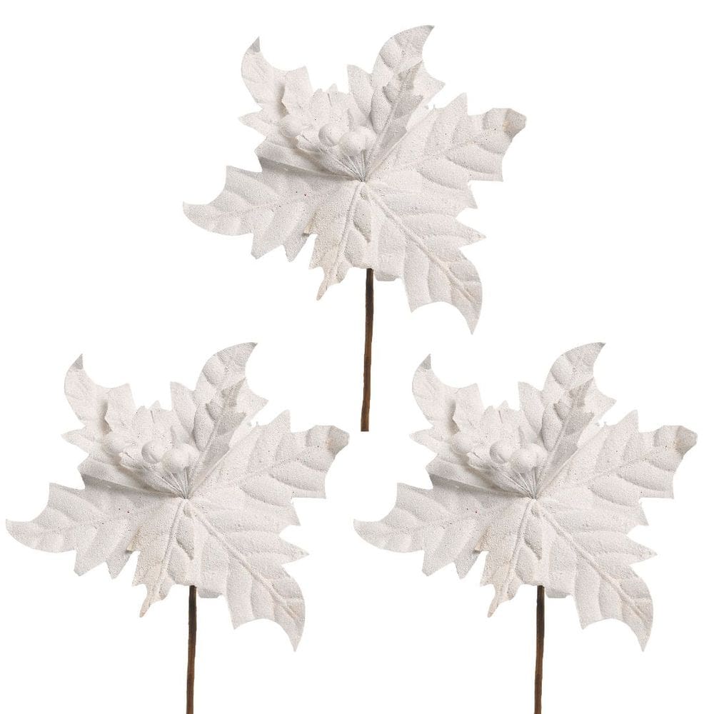 Jogo 3 Flores Bico de Papagaio Pick Natal Textura Veludo Branco 22cm - Magizi