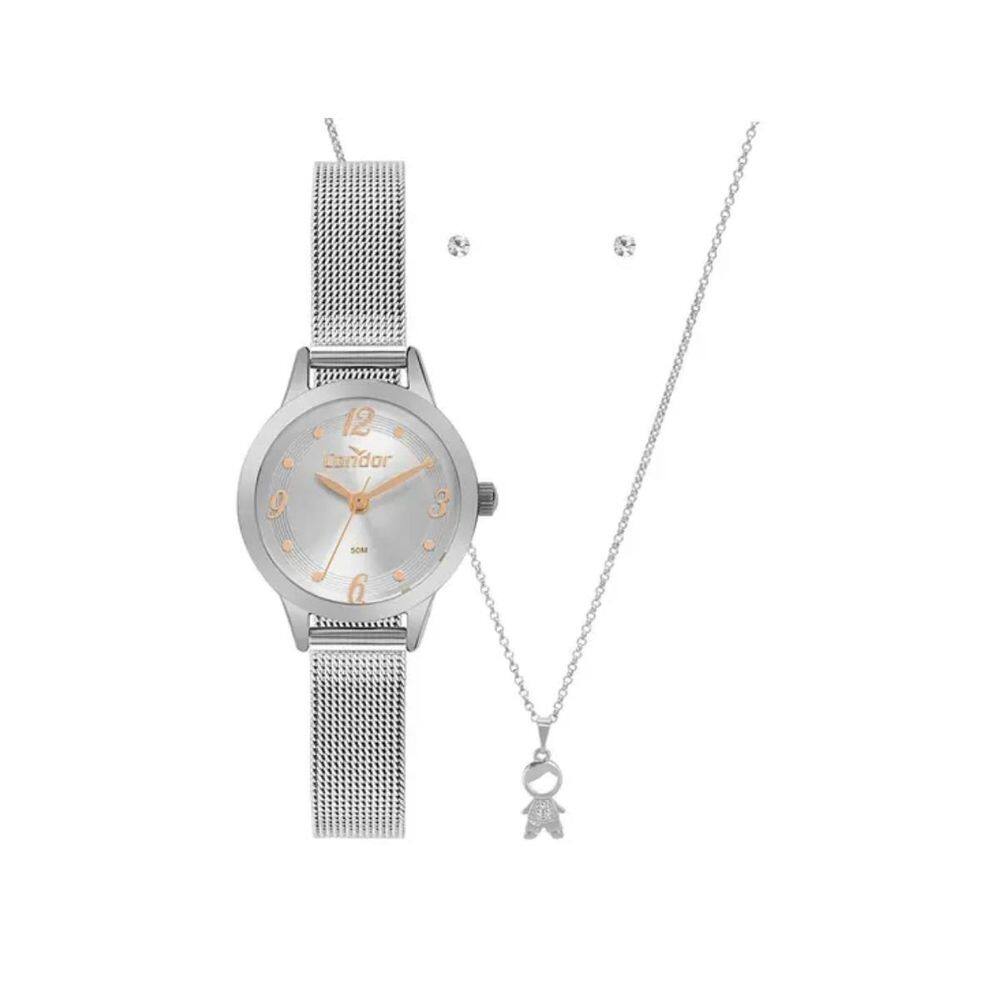 Kit Relógio Condor Mini Prata Feminino Co2035Npv/K4K