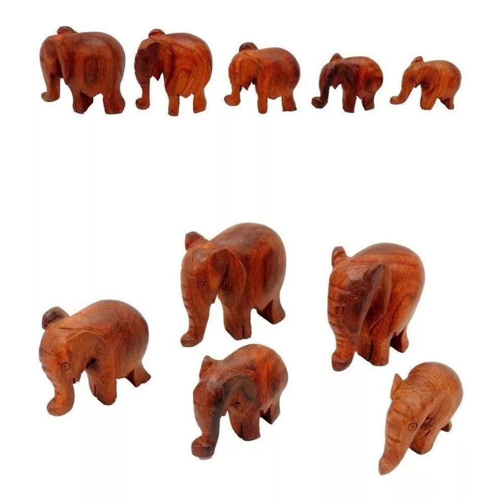 Família De Elefantes Escultura Em Madeira Miniatura 5 Peças