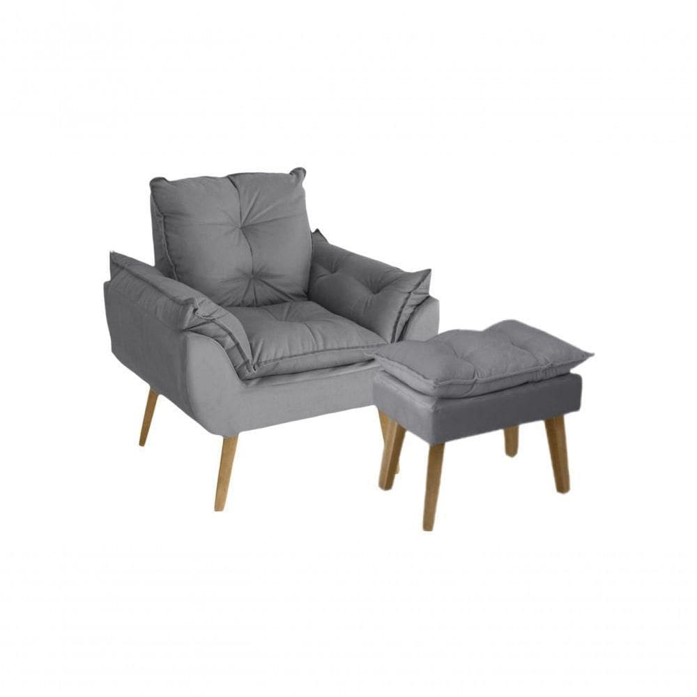 Poltrona/cadeira Decorativa E Puff Glamour Opala Com Pés Quadrado Cinza