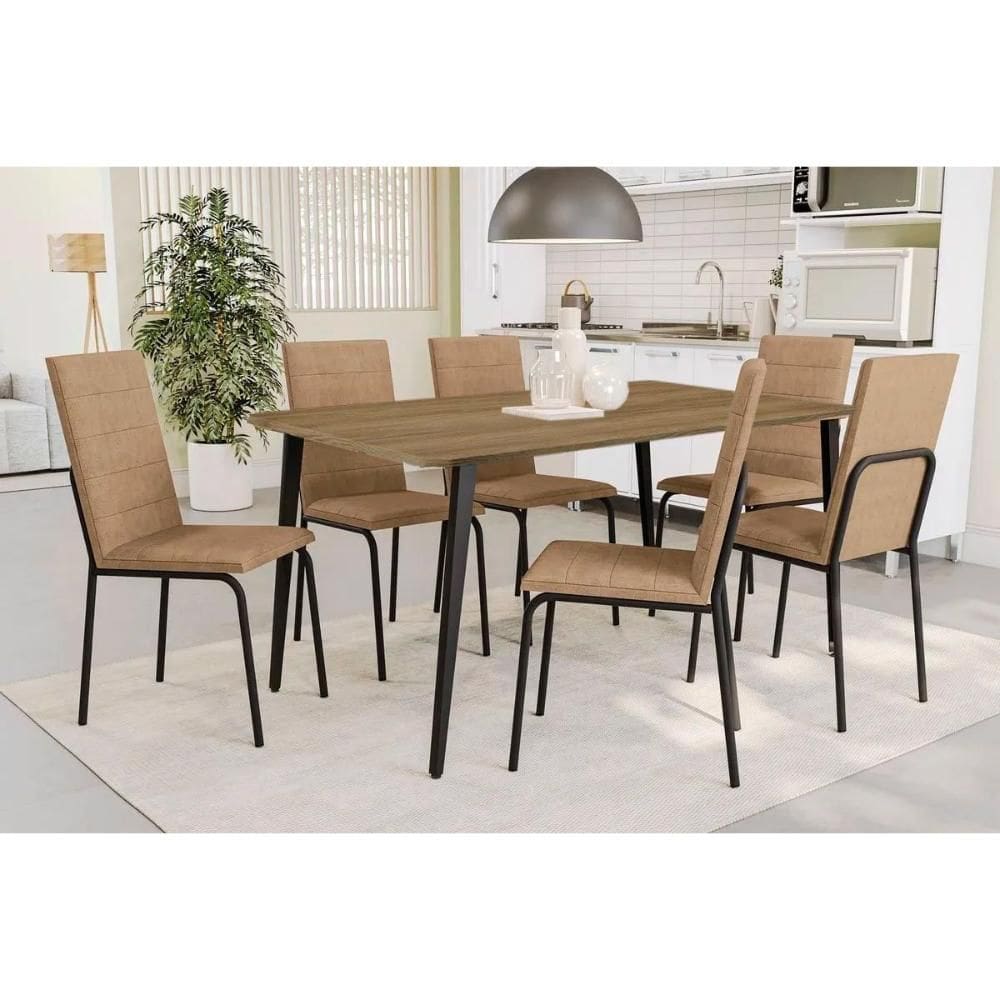 Sala de Jantar Completa Iguaçu c/ Tampo de Madeira 1,36cm e 6 Cadeiras Amsterdã Preto Fosco/Capuccino - Kappesberg
