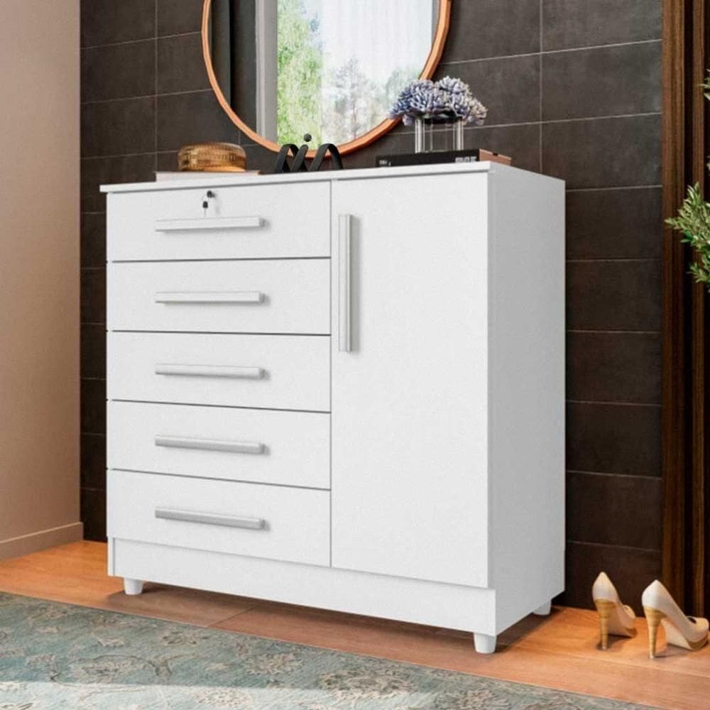 Cômoda Grande 5 Gavetas 1 Porta Com Chave Elegante Branco Repleta Branco