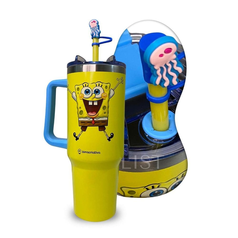 Caneca Térmica 1,15L Bob Esponja Tampa Canudo E Alça Lateral