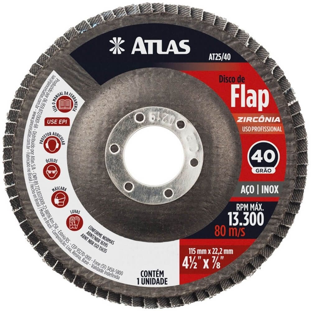 Disco Abrasivo Flap com 115mm Grão 40 de Zircônia - AT25/40 - PINCEIS ATLAS