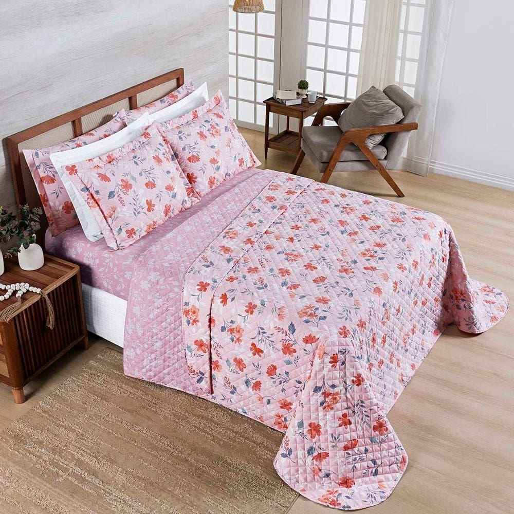 Kit Cobre Leito Colcha Belle King Estampado Dupla Face 400 Fios 3 Peças Floral Rosê