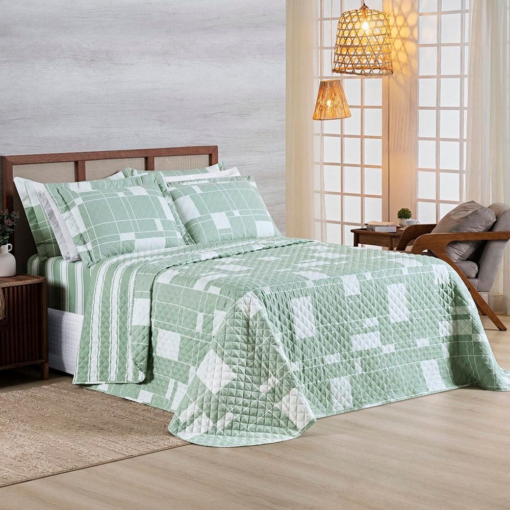 Kit Cobre Leito Colcha Belle King Estampado Dupla Face 400 Fios 3 Peças Quadriculado Verde