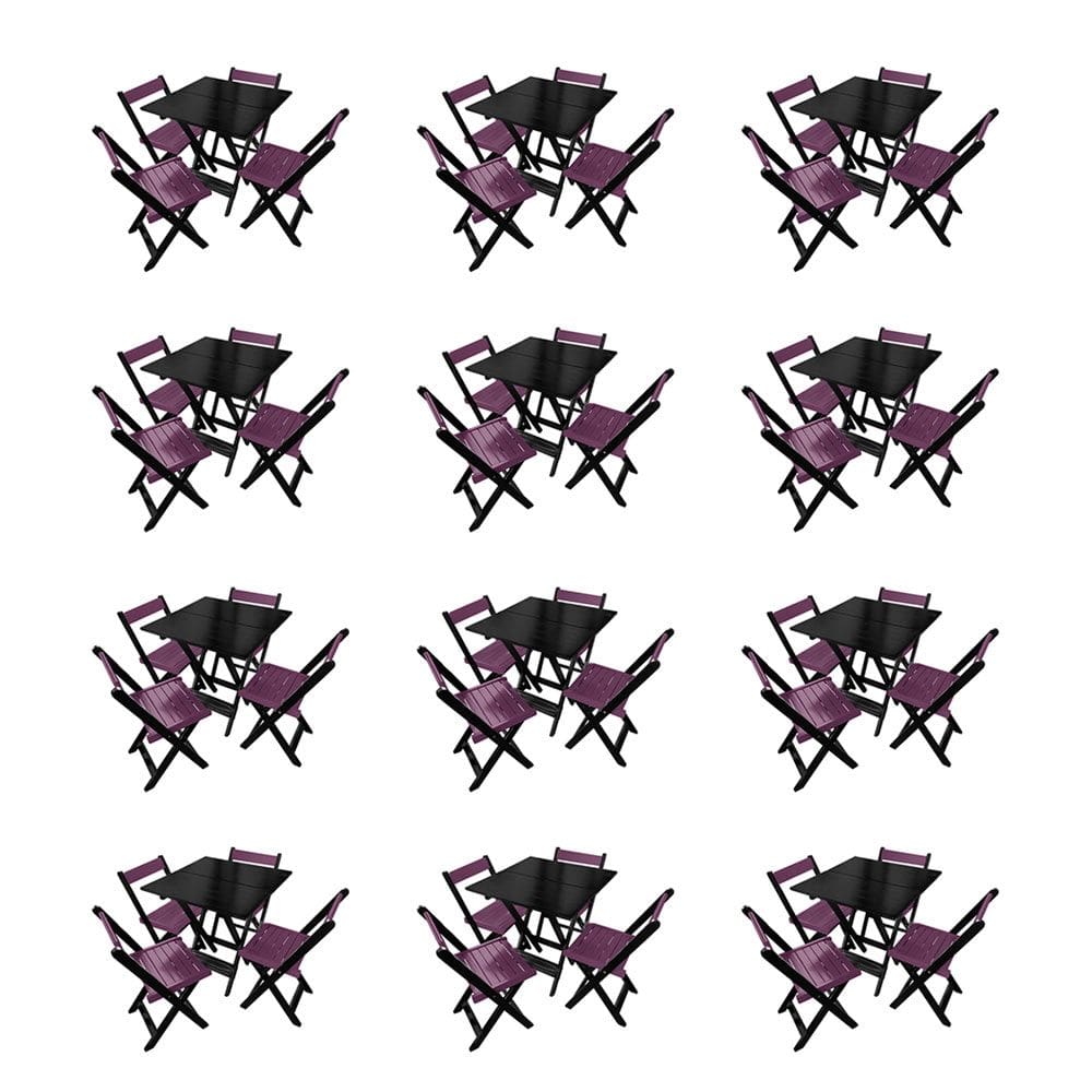 Kit 12 Mesas de Madeira Dobrável Preto 70x70 com 4 Cadeiras Dobráveis Roxo
