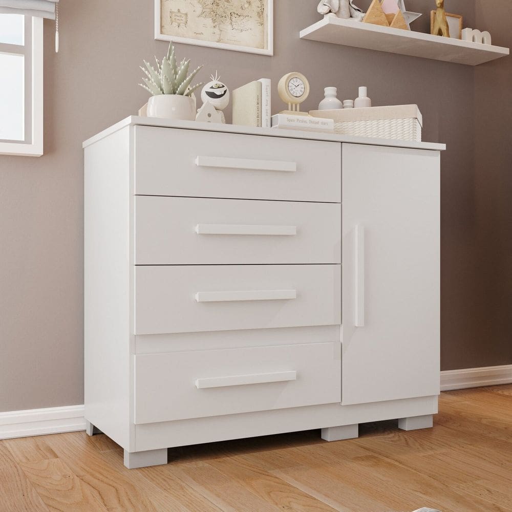 Cômoda Infantil 4 Gavetas 1 Porta Aurora Espresso Móveis Branco