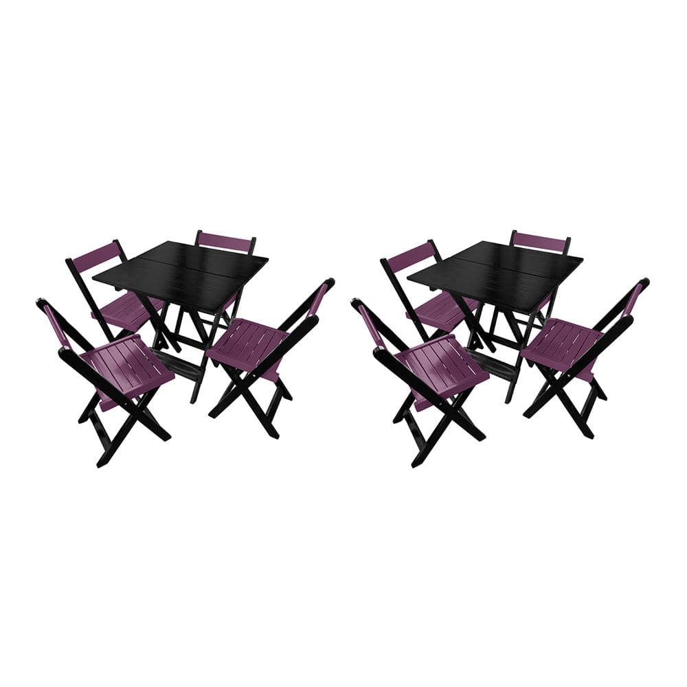 Kit 2 Mesas de Madeira Dobrável Preto 70x70 com 4 Cadeiras Dobráveis Roxo