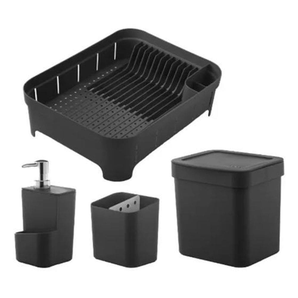 Kit 4Pç Escorredor Louça/Talher, Lixeira Porta Detergente