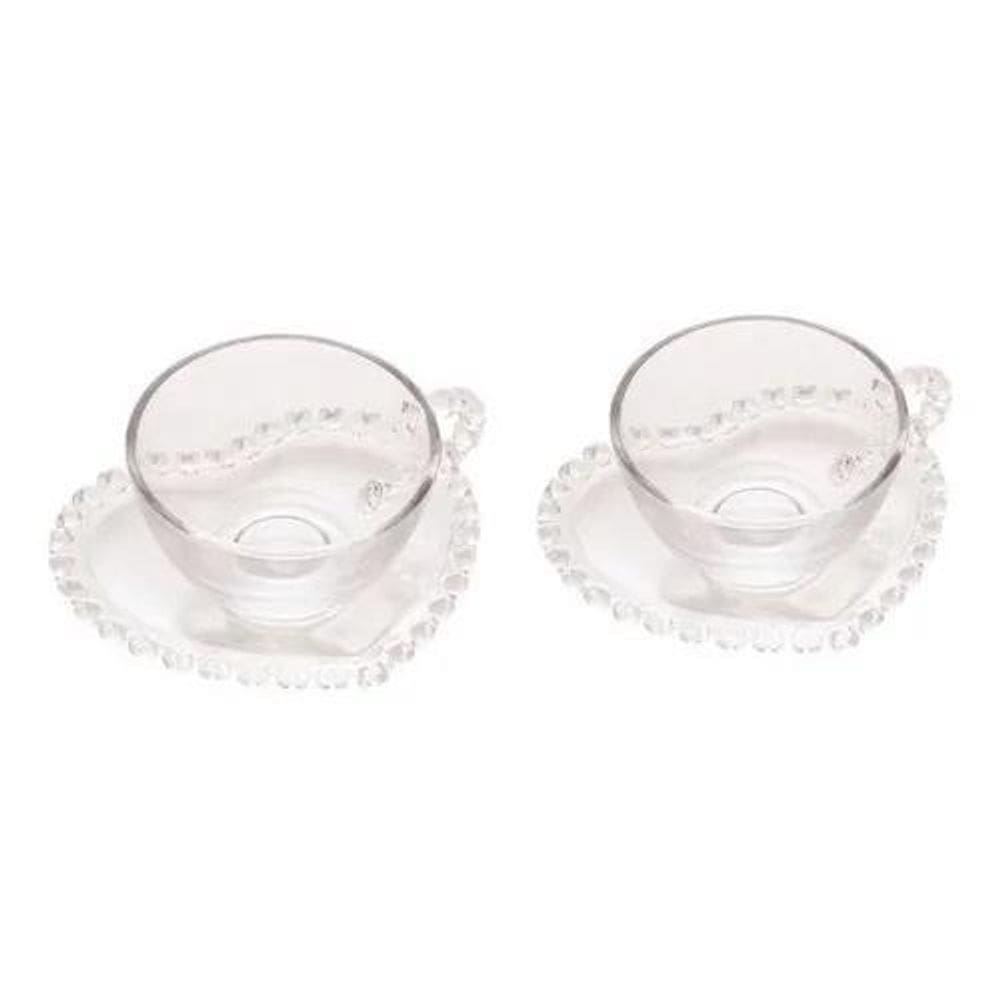2X Xicaras Cafe Cristal Detalhes Em Forma Coração C/Pires