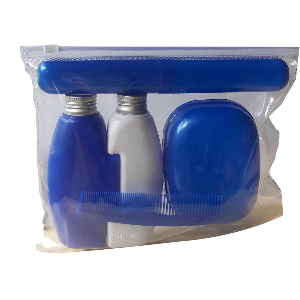 Kit Viagem Azul 4 Peças E Estojo 22x18x3Cm