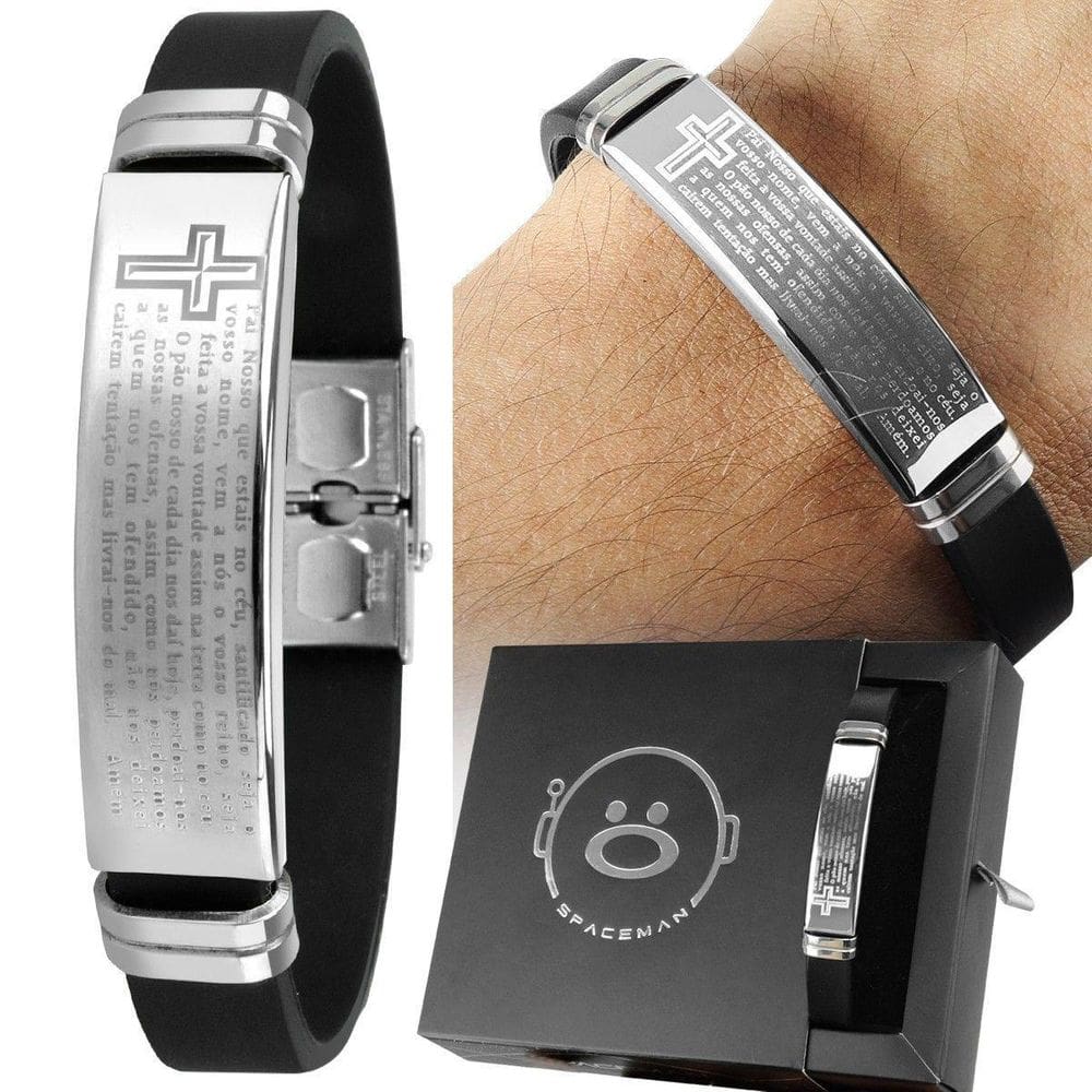 Pulseira Masculina Prata Aço Inox Placa Pai Nosso + Caixa