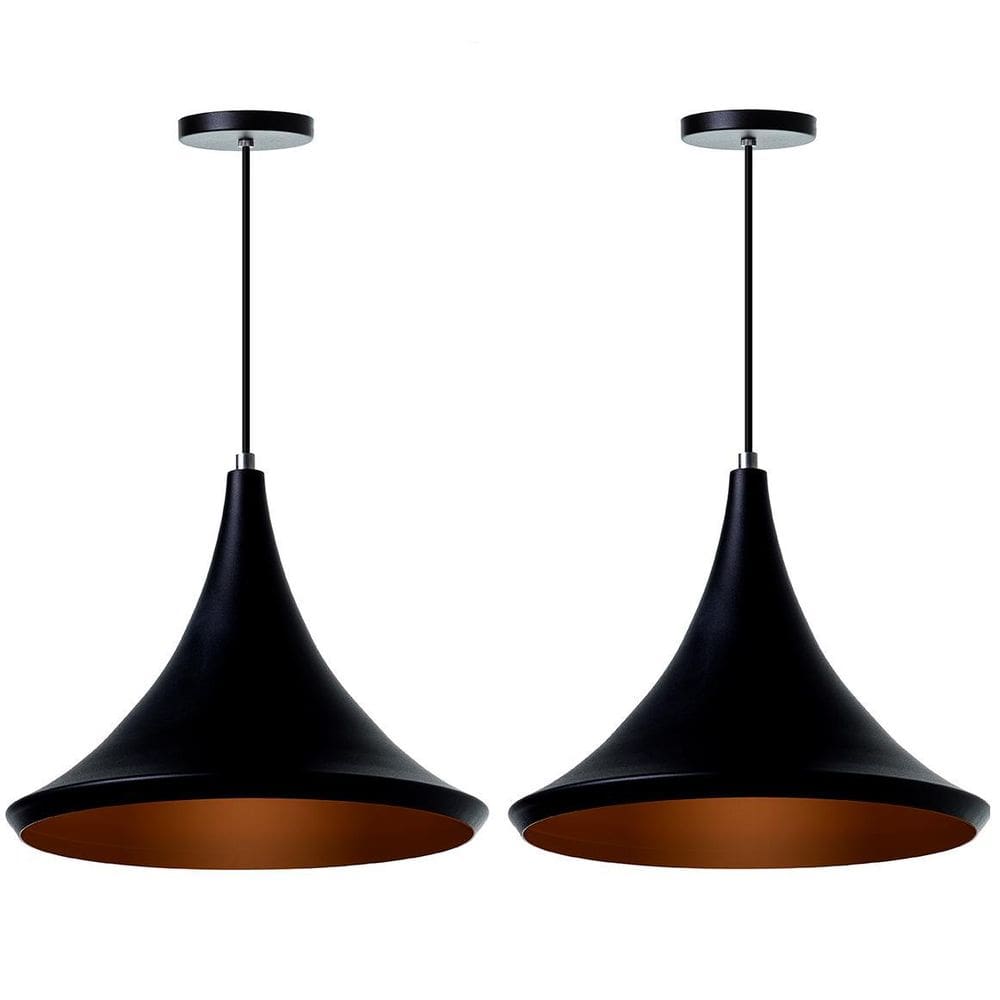 Kit 2 Lustre Pendente Chapéu Chinês 33Cm Preto Alumínio
