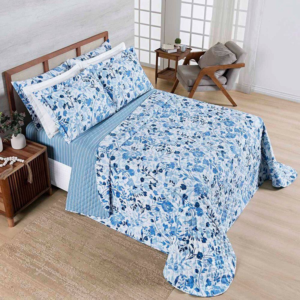 Kit Cobre Leito Colcha Belle King Estampado Dupla Face 400 Fios 3 Peças Florido Azul