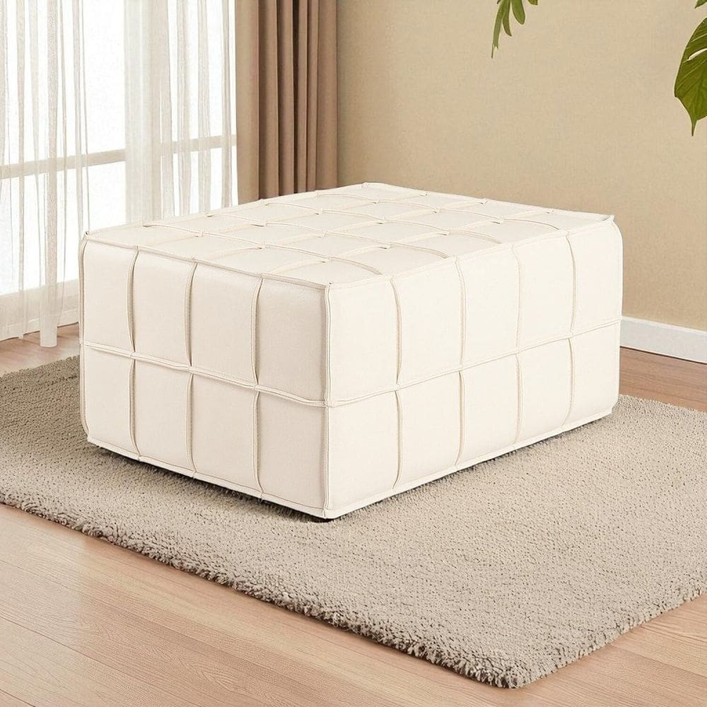 Puff Decorativo em Couro 40cm X 80cm Queen Off White
