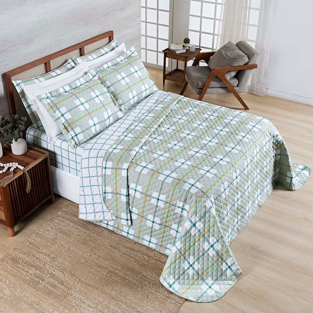Kit Cobre Leito Colcha Belle Queen Estampado Dupla Face 400 Fios 3 Peças Grid Verde
